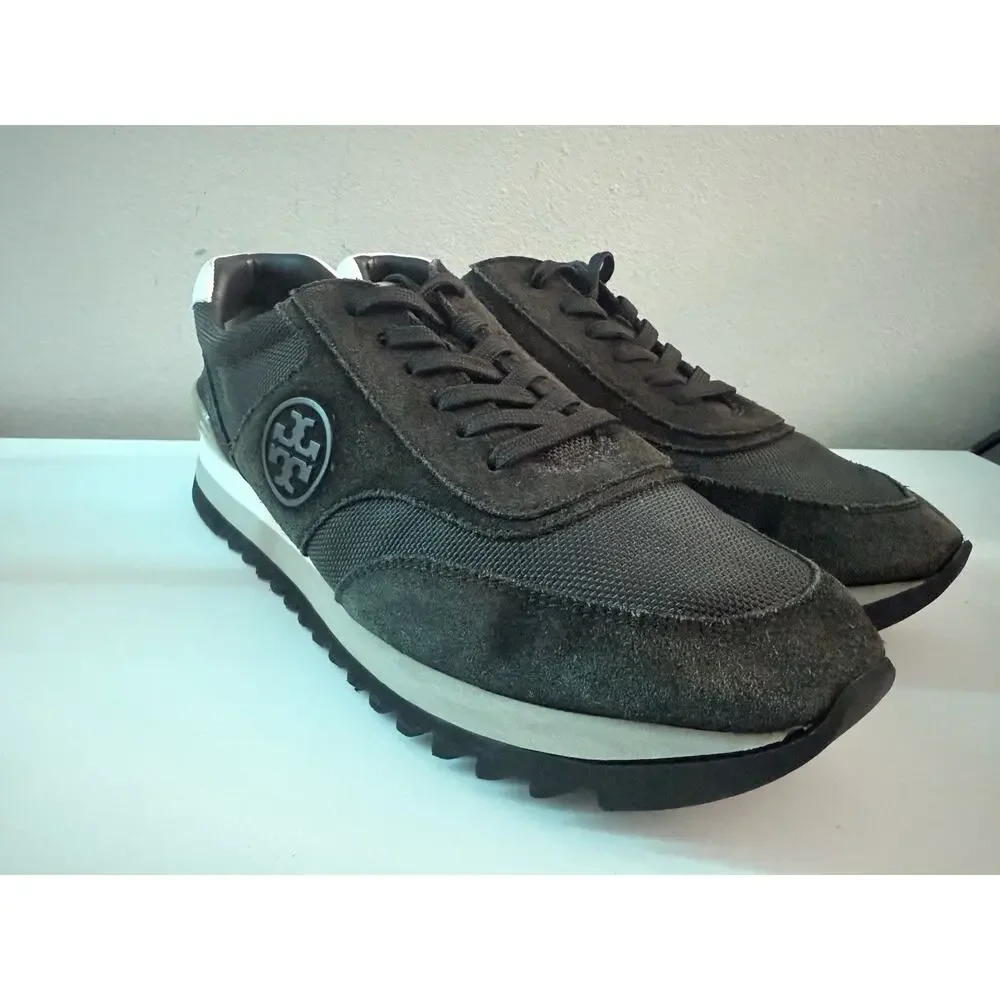 Tory Burch Women’s Sawtooth Logo Sneakers Black Suede Lace-Up Size 9
